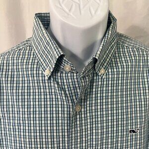 Vineyard Vines Men's white, teal and blue checkered "Whale Shirt" Large L EUC